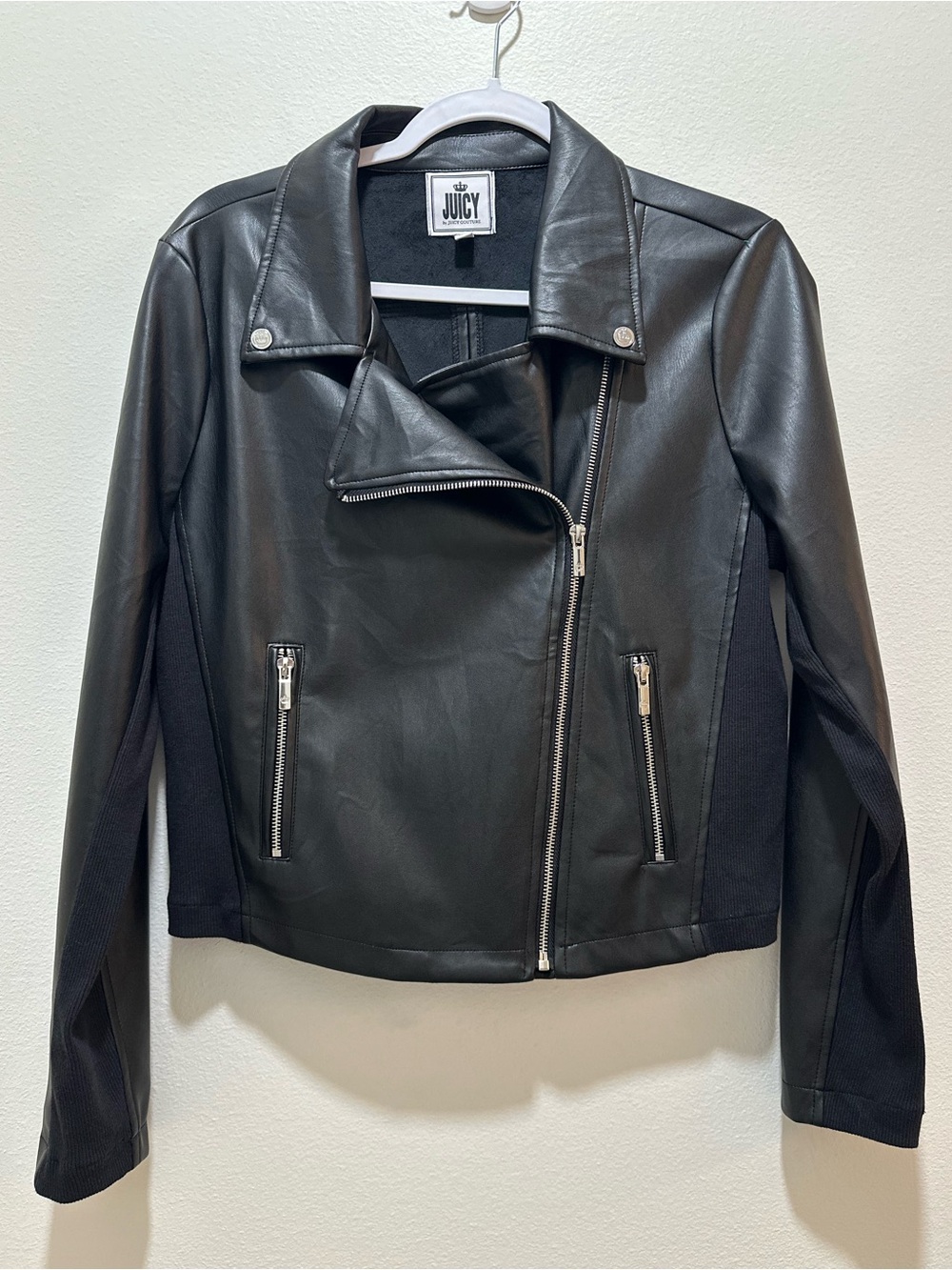 Juicy by Juicy Couture Black Faux Leather Zippered Moto Jacket Women’s L
